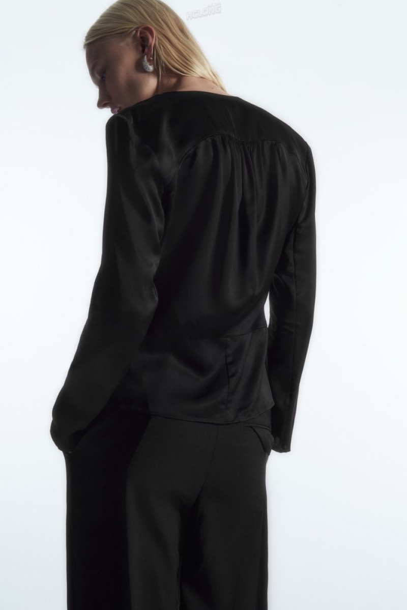 COS Draped Cowl-Neck Satin Top Noir | 134502-SFU