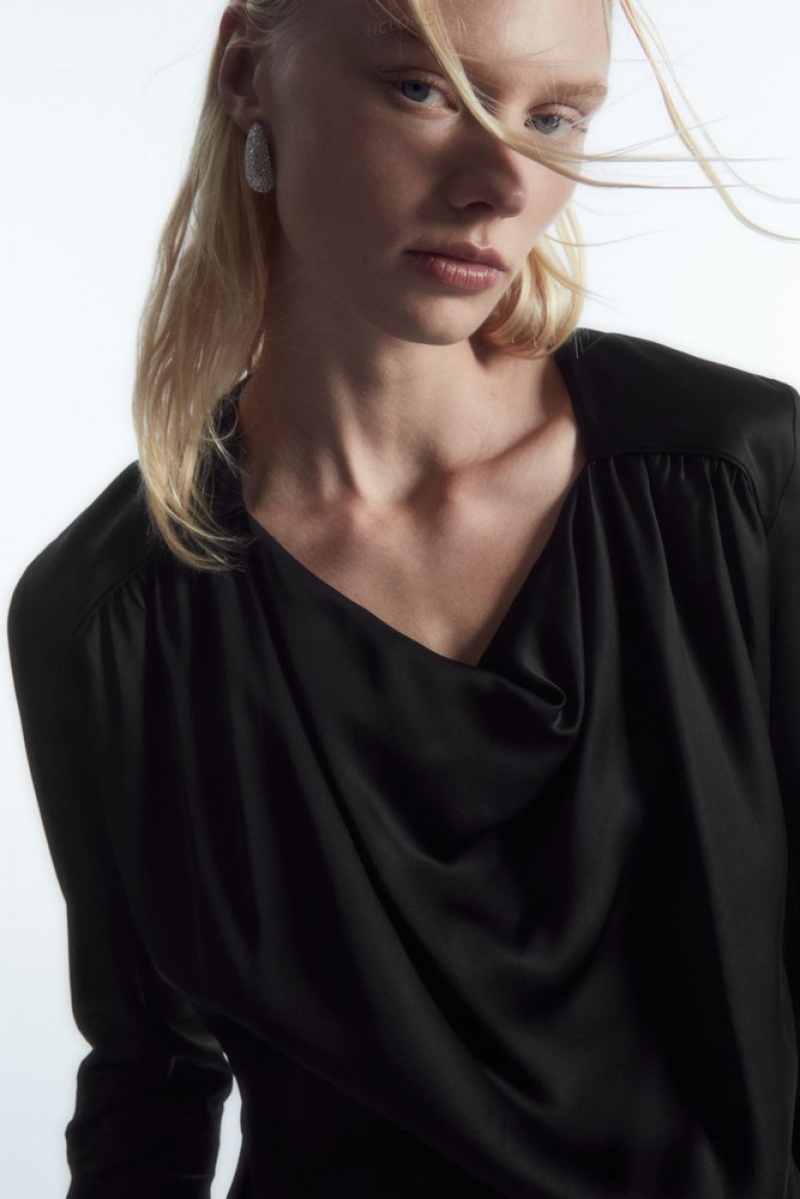 COS Draped Cowl-Neck Satin Top Noir | 134502-SFU