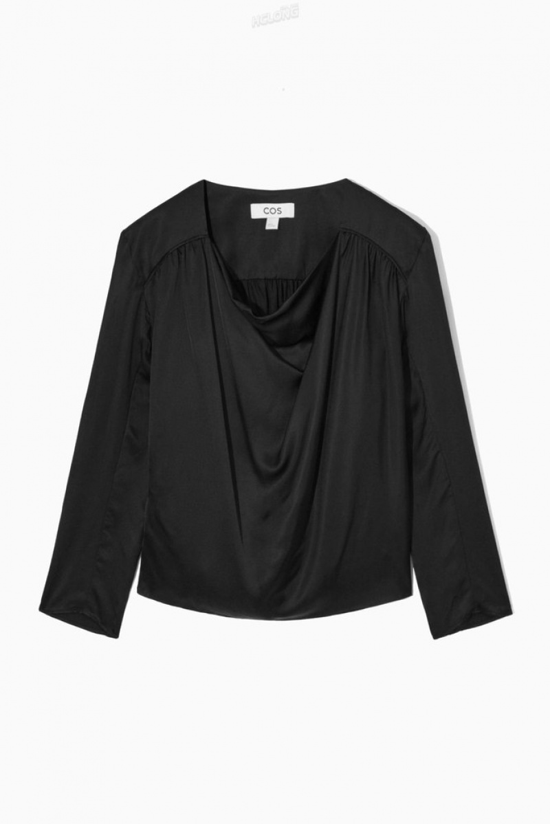 COS Draped Cowl-Neck Satin Top Noir | 134502-SFU