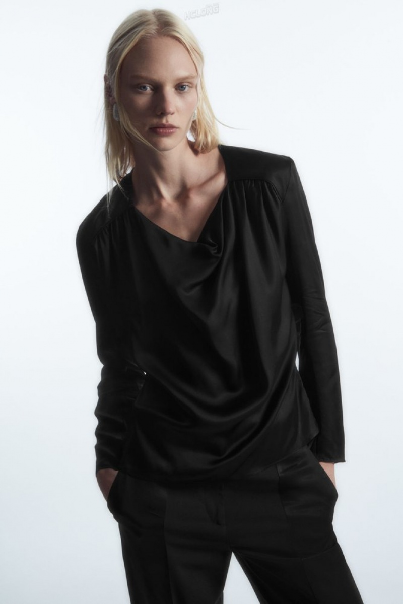 COS Draped Cowl-Neck Satin Top Noir | 134502-SFU