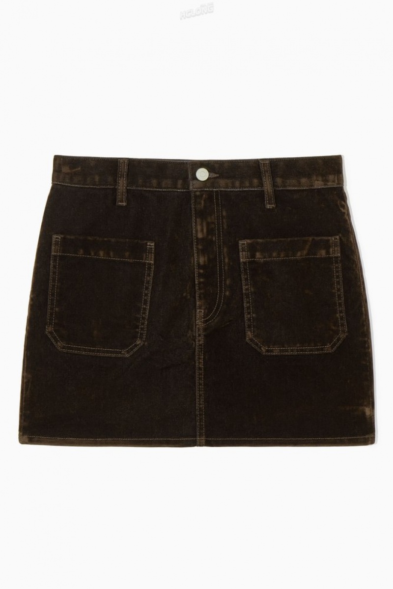 COS Flocked-Denim Mini Skirt Marron Foncé | 124685-AKE