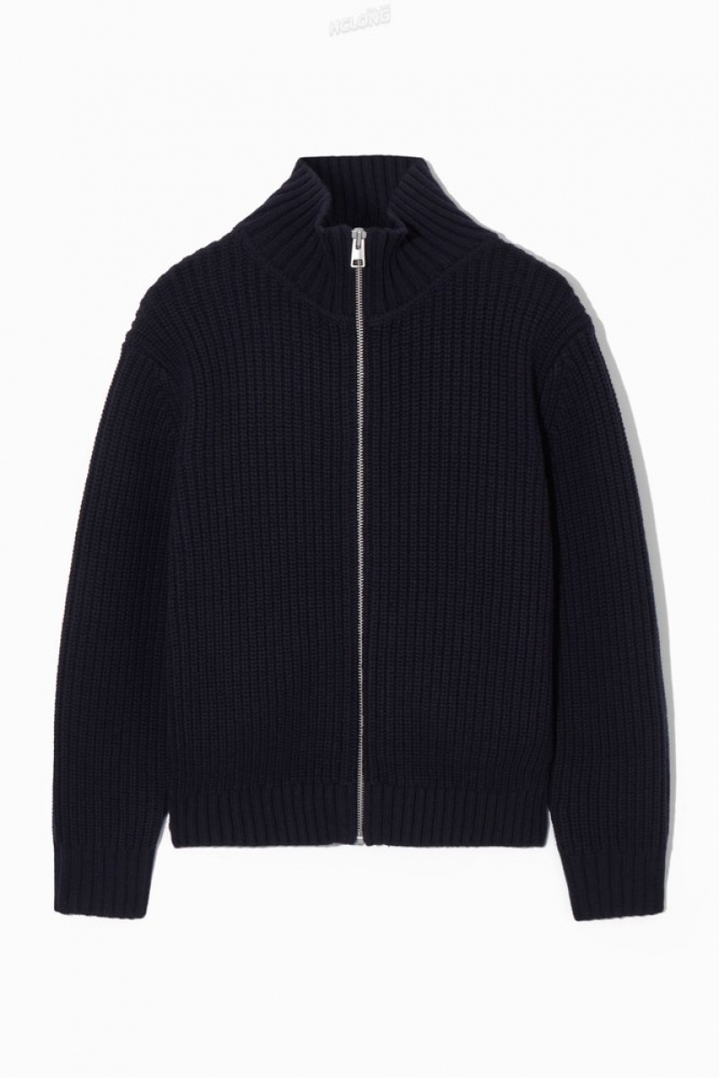 COS Funnel-Neck Tricoté Laine Jacket Bleu Marine | 438160-PXQ