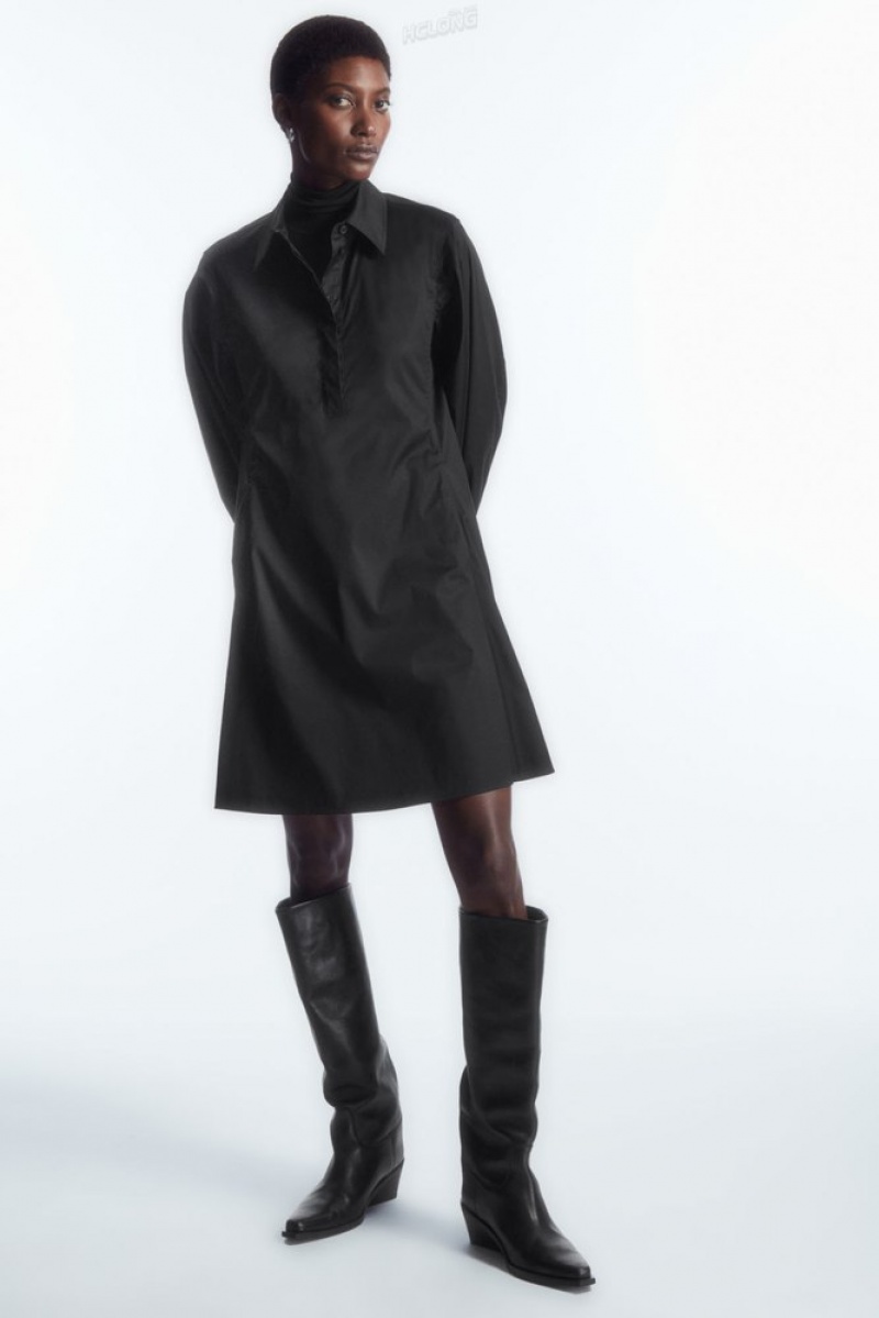 COS Gathered-Sleeve Mini Shirt Robe Noir | 315480-XSV