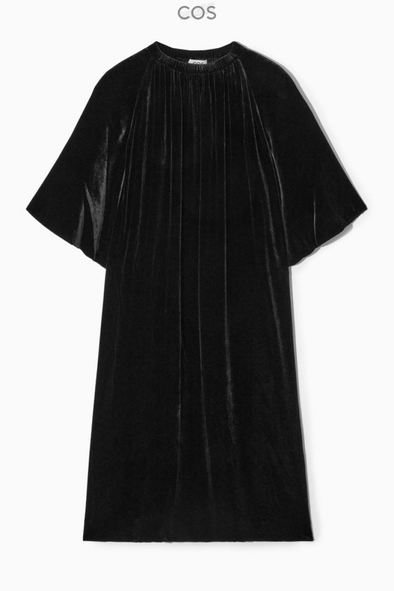 COS Gathered Silk-Blend Velvet Midi Robe Noir | 186795-OHN