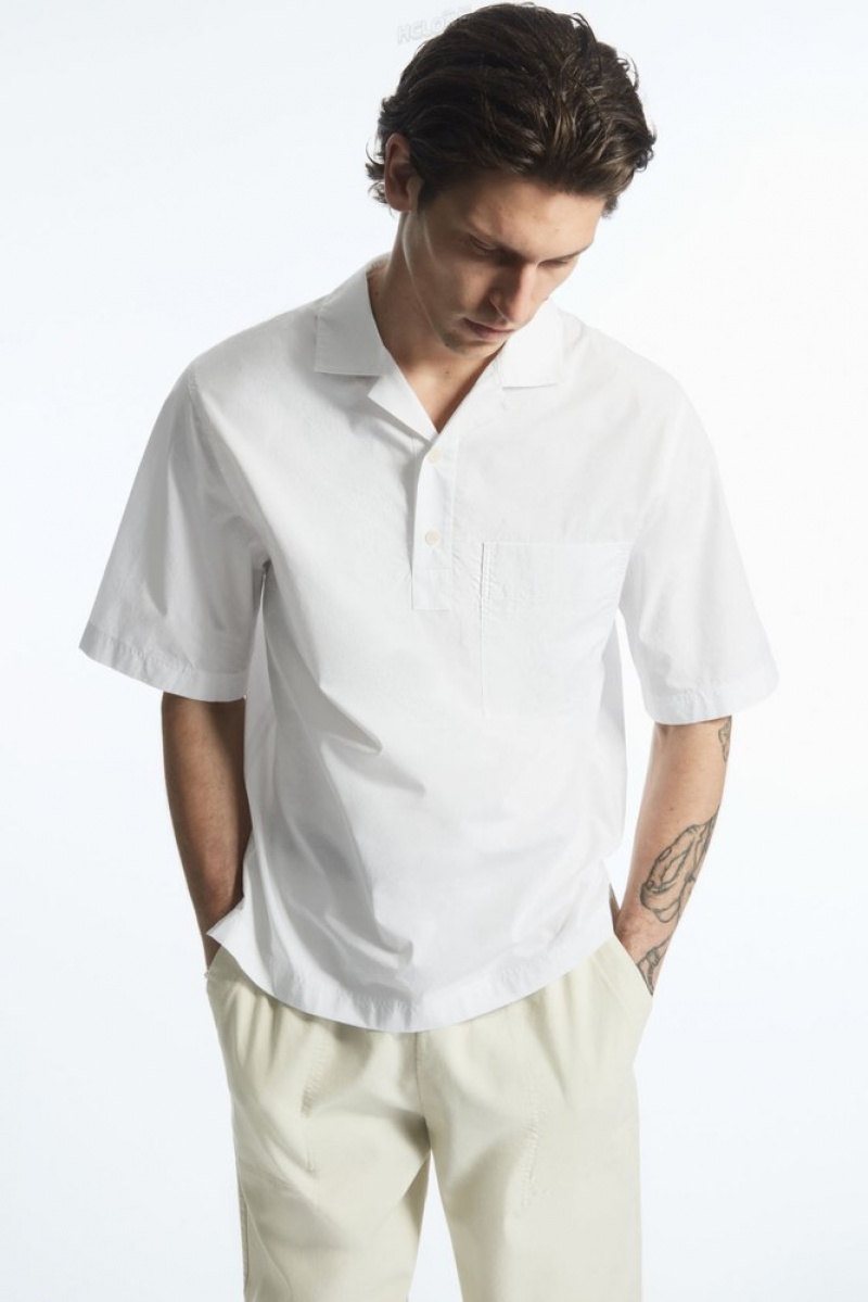 COS Half-Placket Corta-Sleeved Shirt Blanche | 605723-RCK