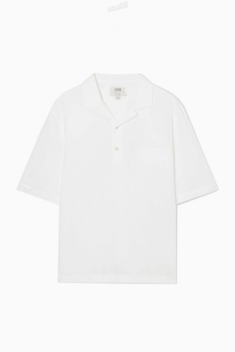 COS Half-Placket Corta-Sleeved Shirt Blanche | 605723-RCK