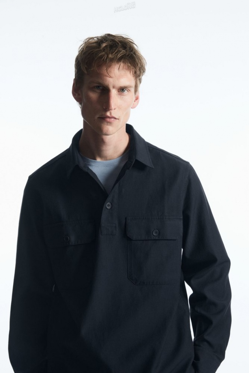 COS Half-Placket Utility Overshirt Bleu Marine | 569301-IQR