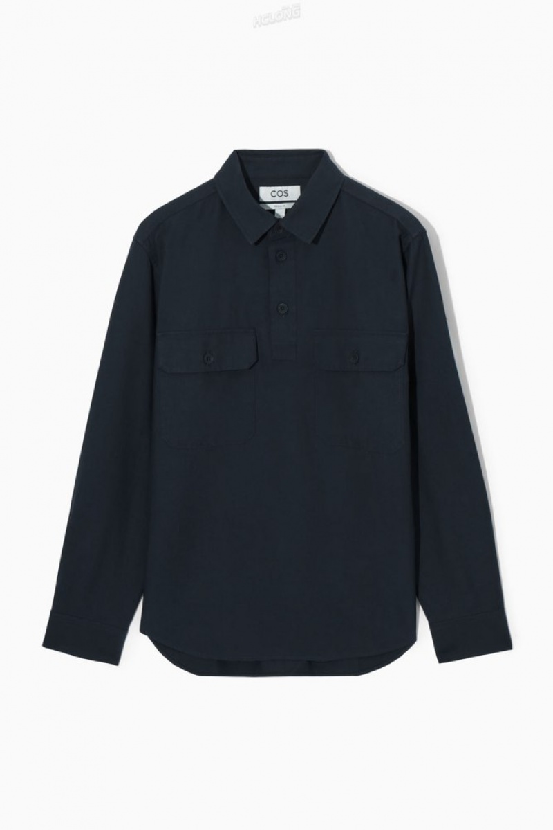 COS Half-Placket Utility Overshirt Bleu Marine | 569301-IQR