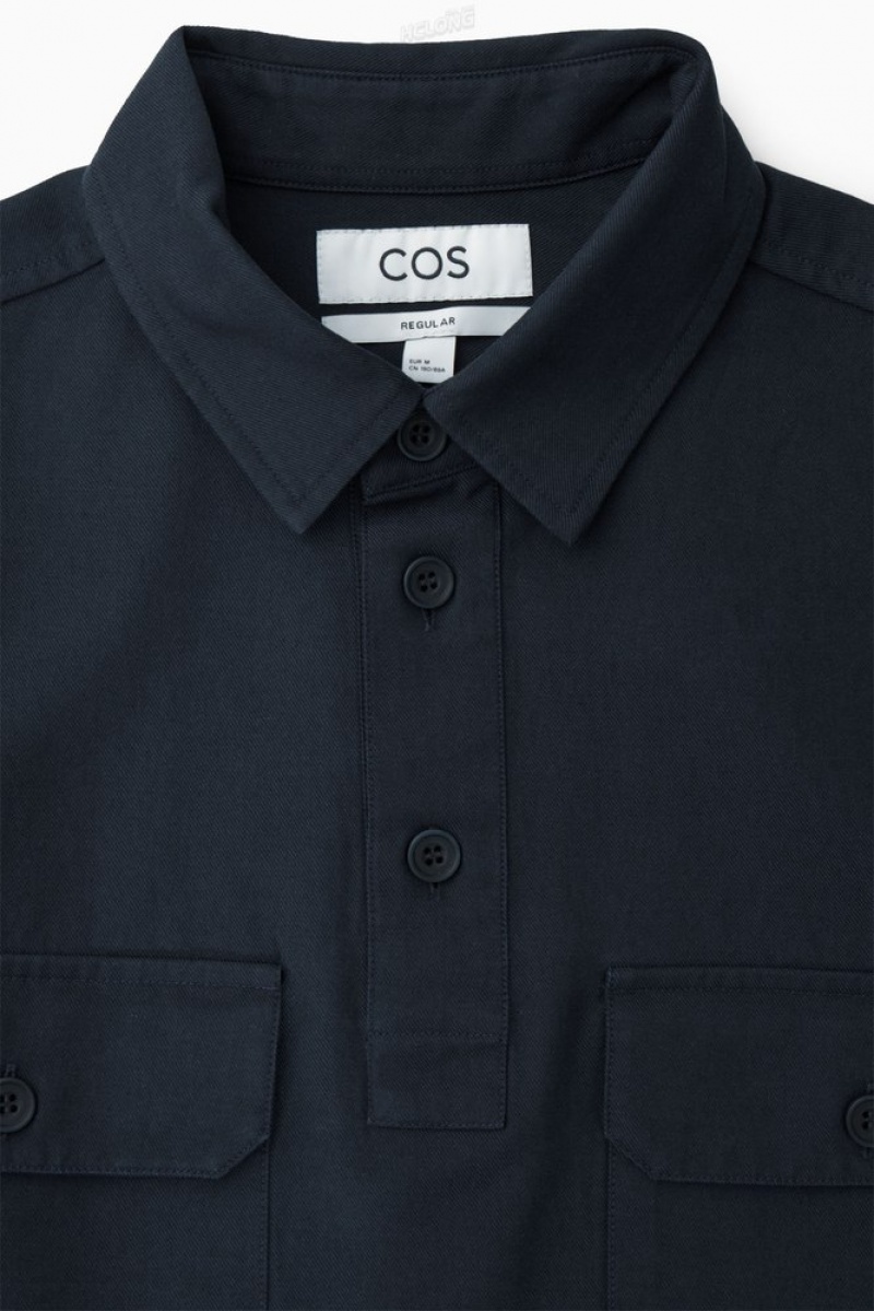 COS Half-Placket Utility Overshirt Bleu Marine | 569301-IQR