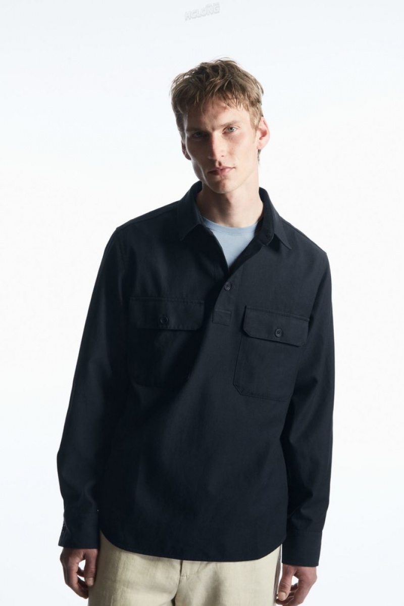 COS Half-Placket Utility Overshirt Bleu Marine | 569301-IQR