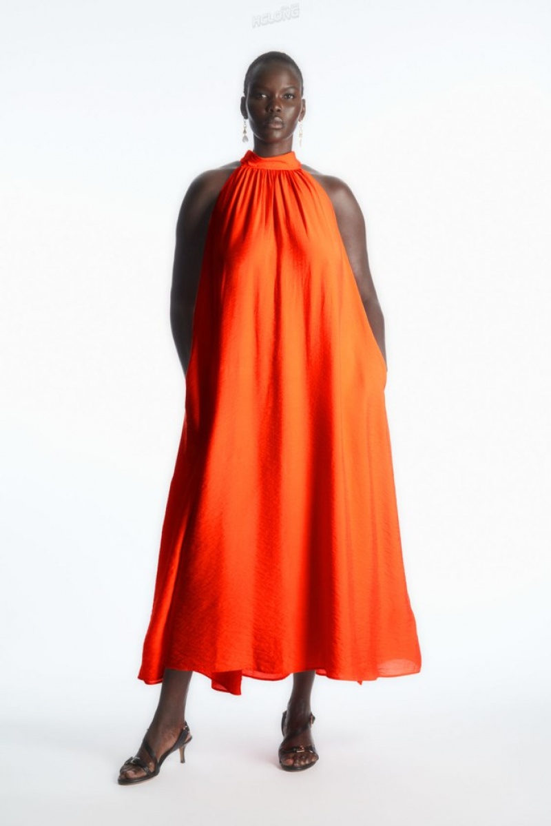 COS Halterneck Maxi Robe Orange | 013657-UGK