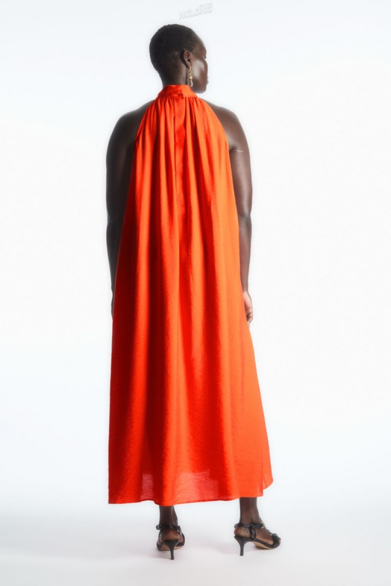 COS Halterneck Maxi Robe Orange | 013657-UGK