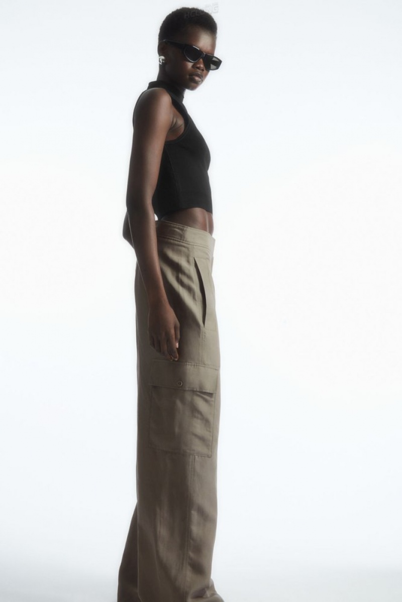 COS Larges-Leg Linen-Blend Cargo Pants Stone | 509237-JZE