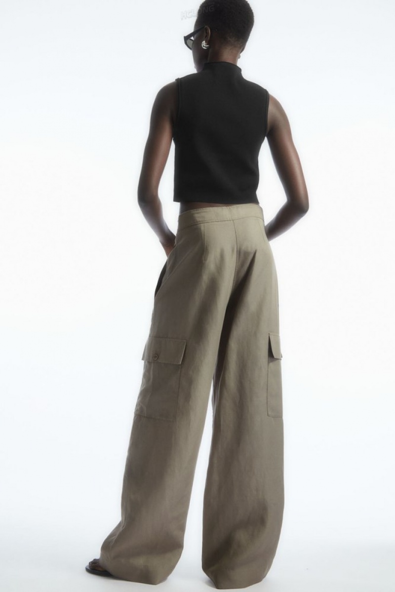 COS Larges-Leg Linen-Blend Cargo Pants Stone | 509237-JZE