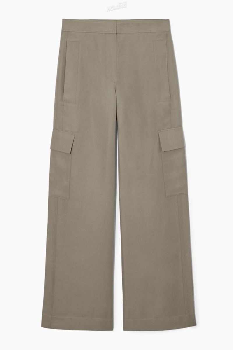 COS Larges-Leg Linen-Blend Cargo Pants Stone | 509237-JZE