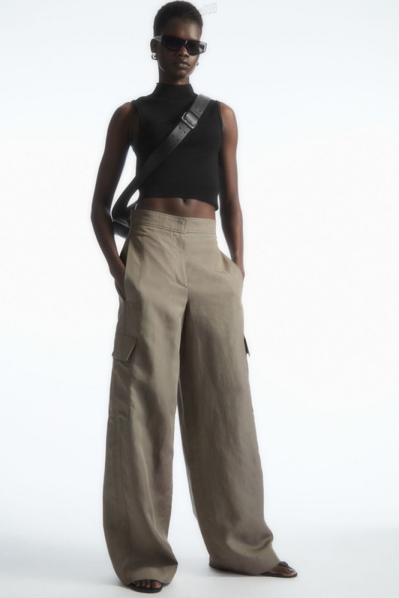 COS Larges-Leg Linen-Blend Cargo Pants Stone | 509237-JZE