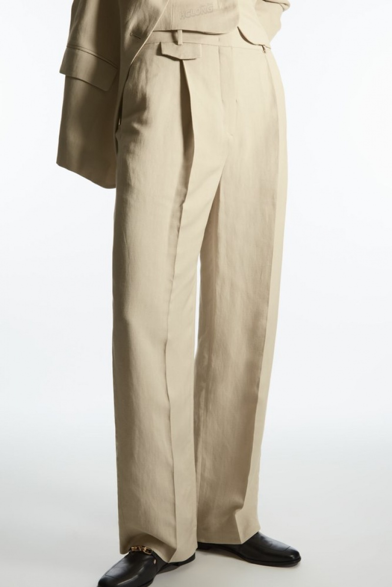 COS Larges-Leg Plissé Linen-Blend Trousers Beige | 739014-AXY