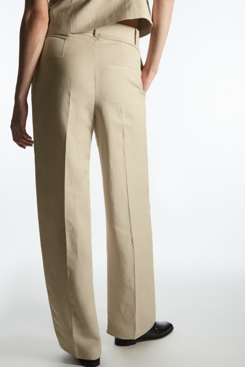 COS Larges-Leg Plissé Linen-Blend Trousers Beige | 739014-AXY