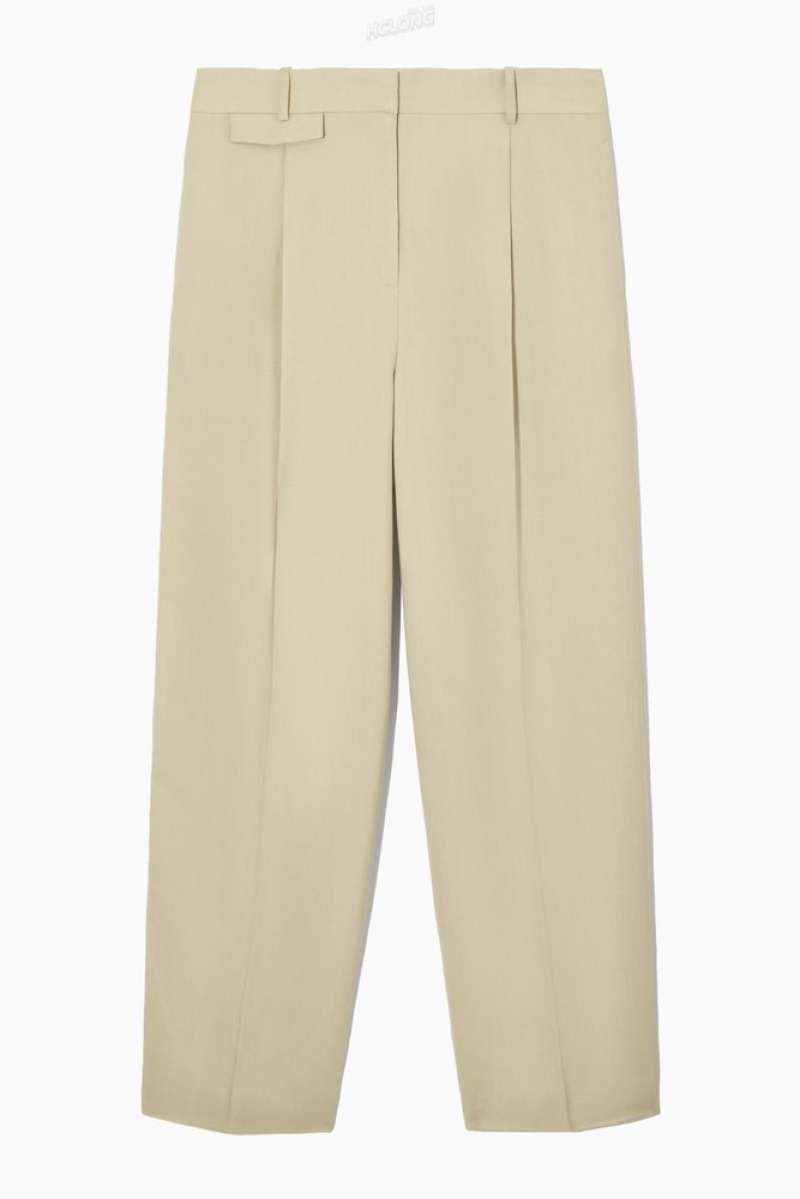 COS Larges-Leg Plissé Linen-Blend Trousers Beige | 739014-AXY