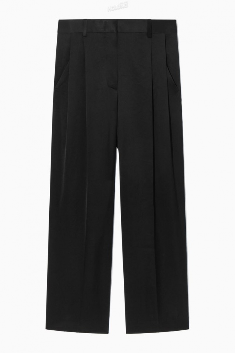 COS Larges-Leg Plissé Satin Trousers Noir | 436578-BAC