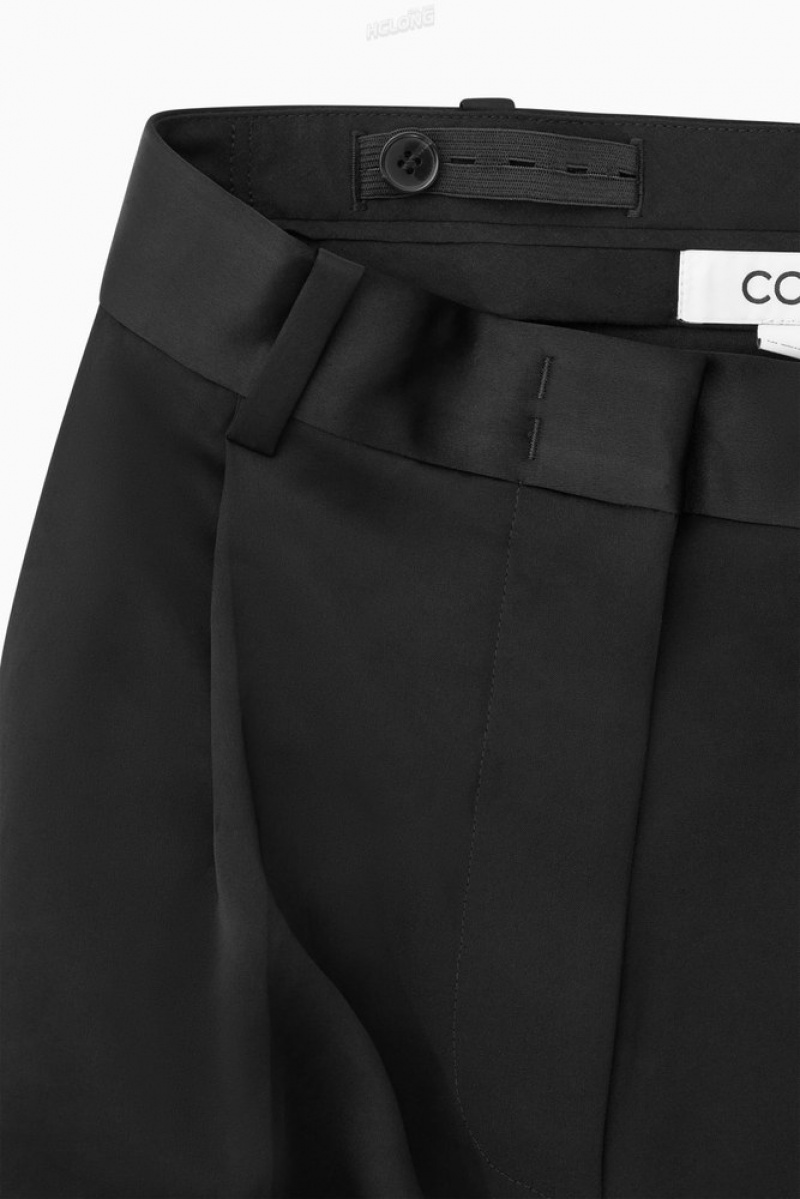 COS Larges-Leg Plissé Satin Trousers Noir | 436578-BAC