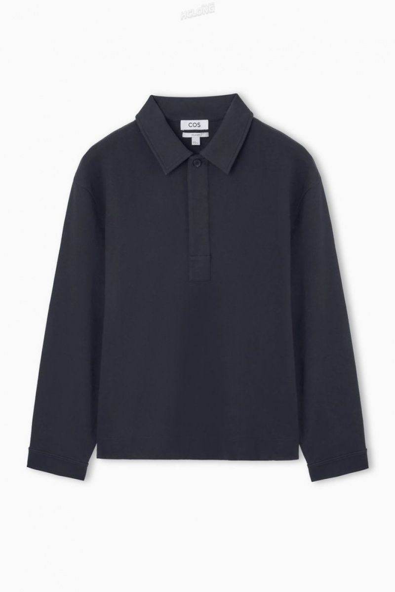 COS Long-Sleeved Jersey Polo Shirt Bleu Marine | 012967-JHU