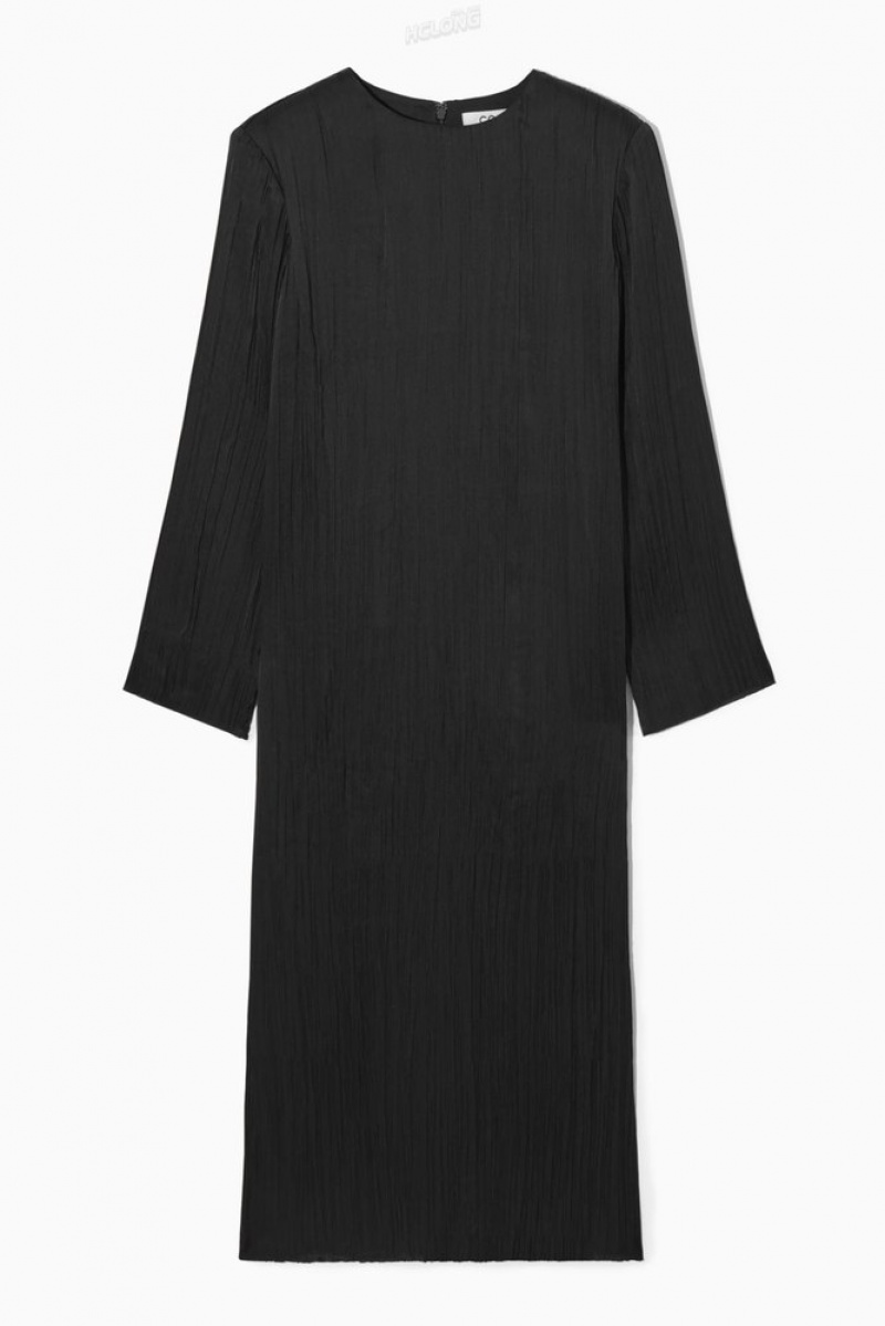 COS Long-Sleeved Plissé Midi Robe Noir | 970138-ZAC