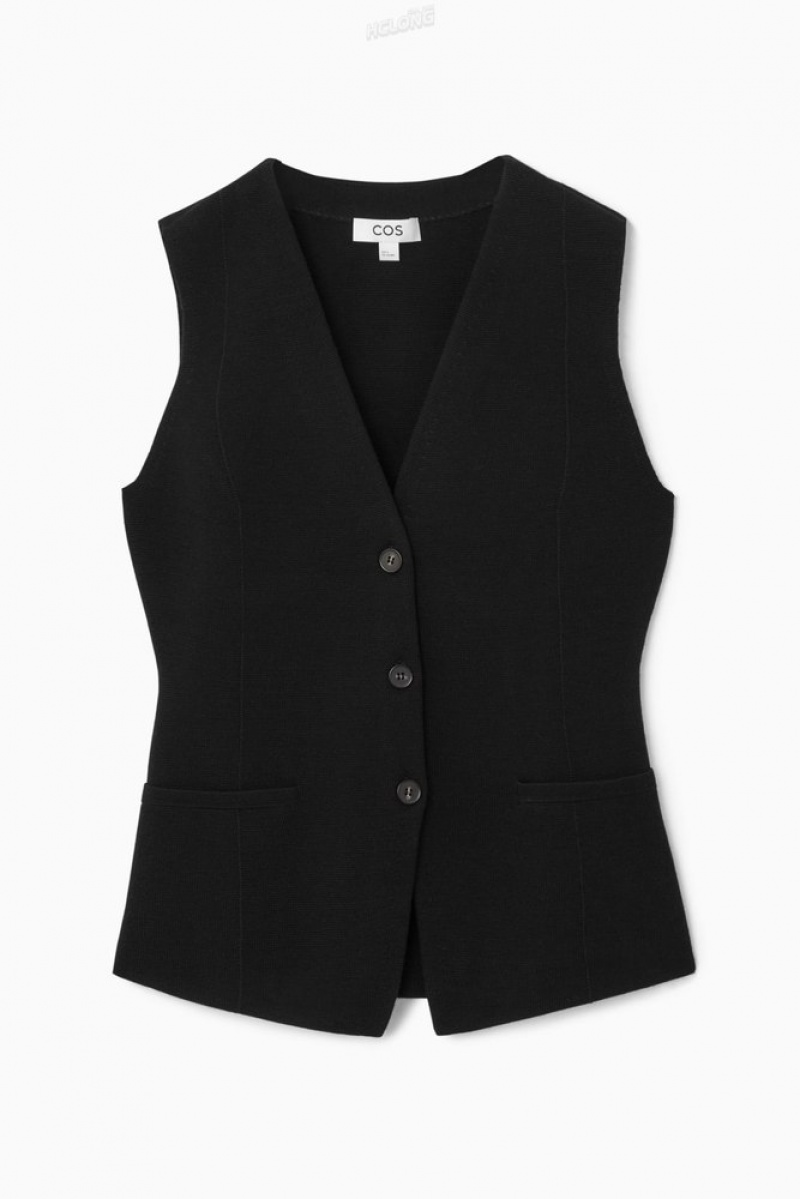 COS Longline Tricoté Laine Vest Noir | 032916-ICB