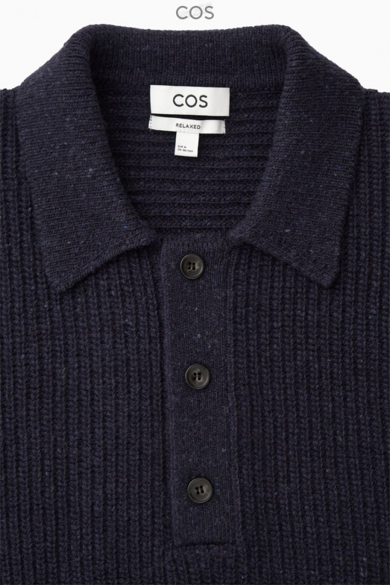 COS Nervuré Laine And Cashmere-Blend Polo Shirt Bleu Marine | 320984-FWE