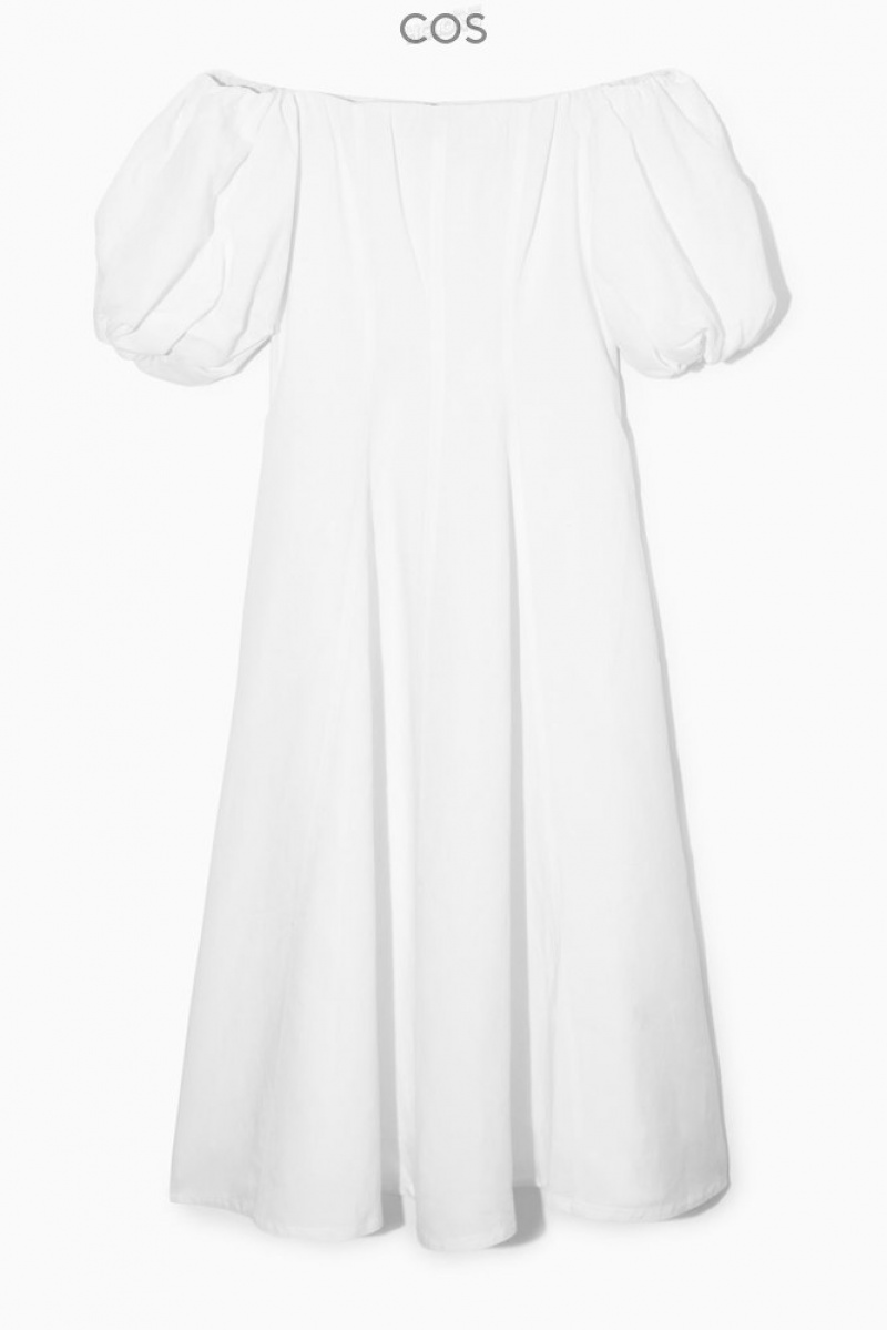 COS Off-The-Shoulder Puff-Sleeve Midi Robe Blanche | 653247-JZR