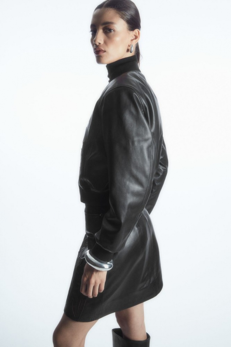 COS Oversized AppliquéD Cuir Bomber Jacket Noir | 376854-BNC