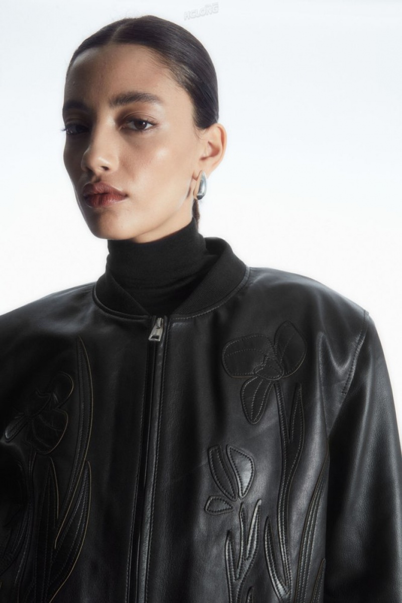 COS Oversized AppliquéD Cuir Bomber Jacket Noir | 376854-BNC