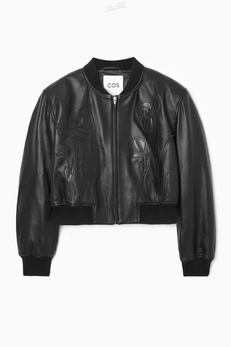 COS Oversized AppliquéD Cuir Bomber Jacket Noir | 376854-BNC