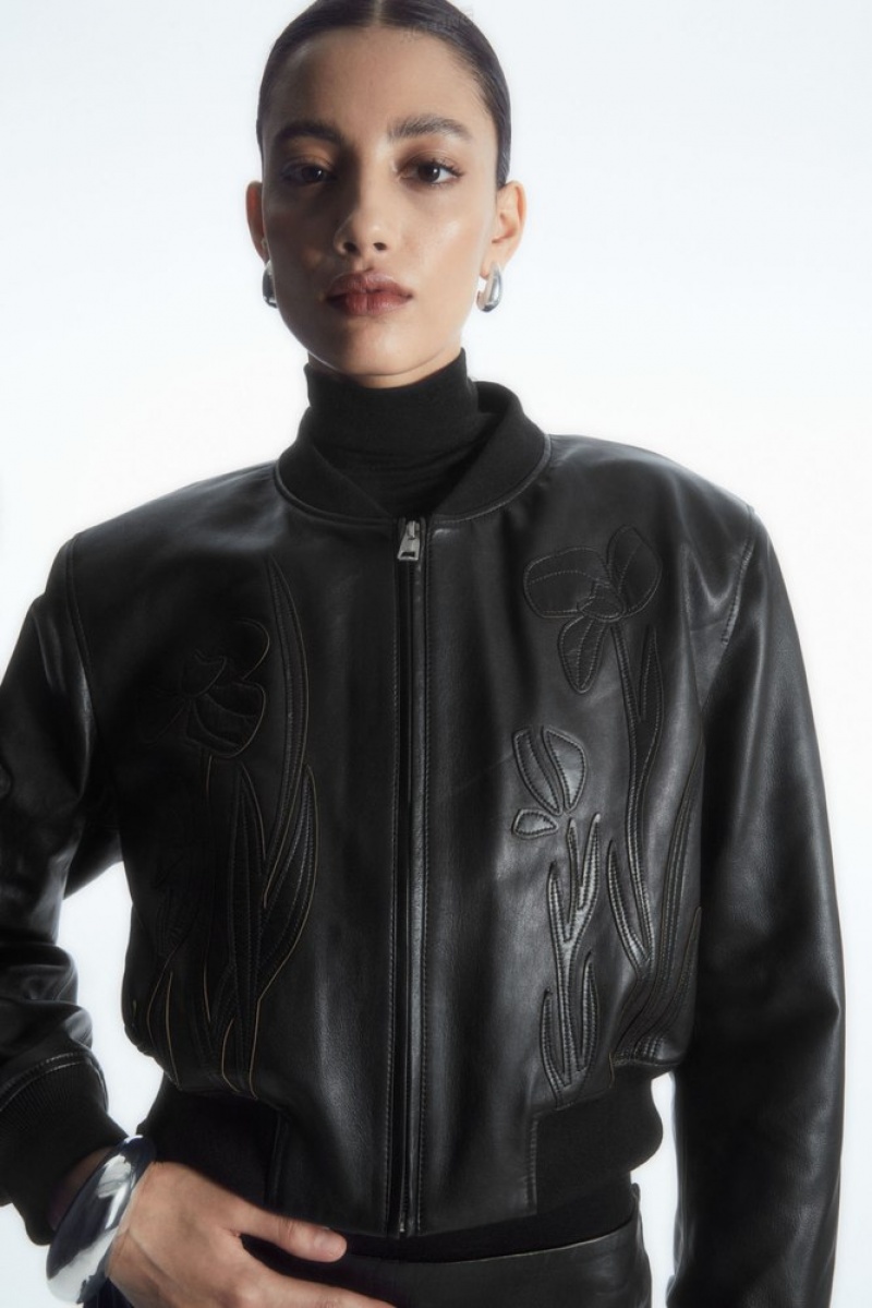 COS Oversized AppliquéD Cuir Bomber Jacket Noir | 810693-NVH