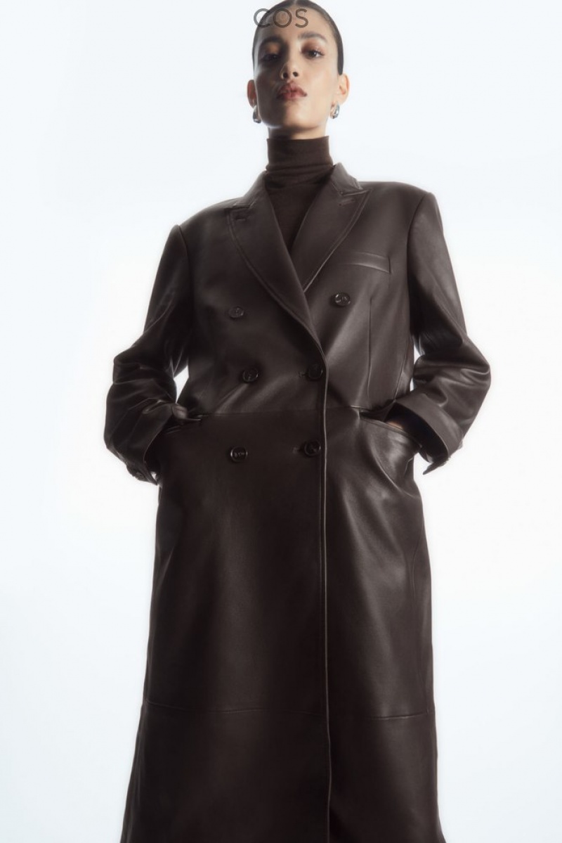 COS Oversized Double-Breasted Cuir Coat Marron | 086475-XWL