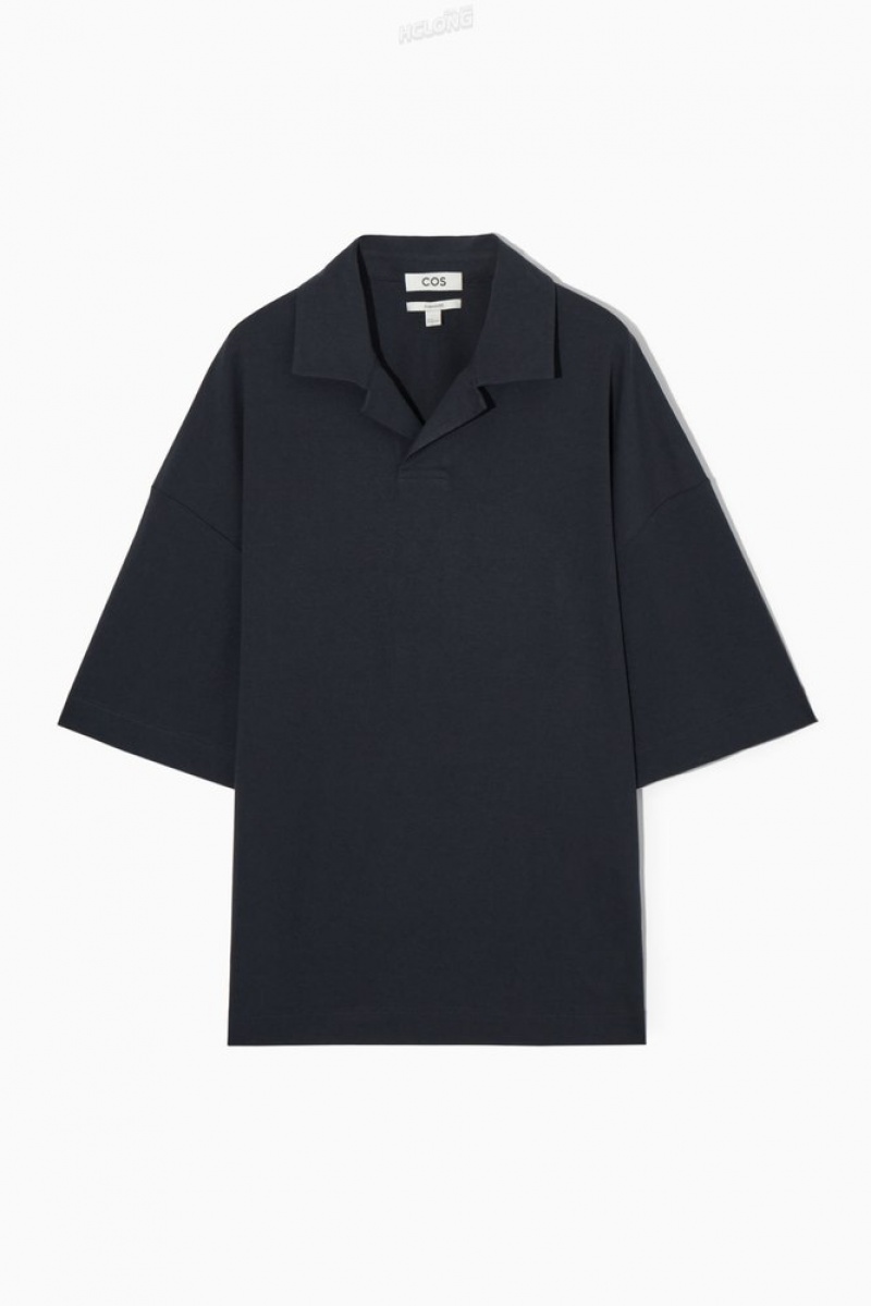 COS Oversized Open-Collar Polo-Shirt Bleu Marine | 548107-XTH