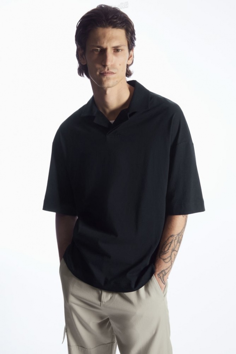 COS Oversized Open-Collar Polo-Shirt Bleu Marine | 548107-XTH