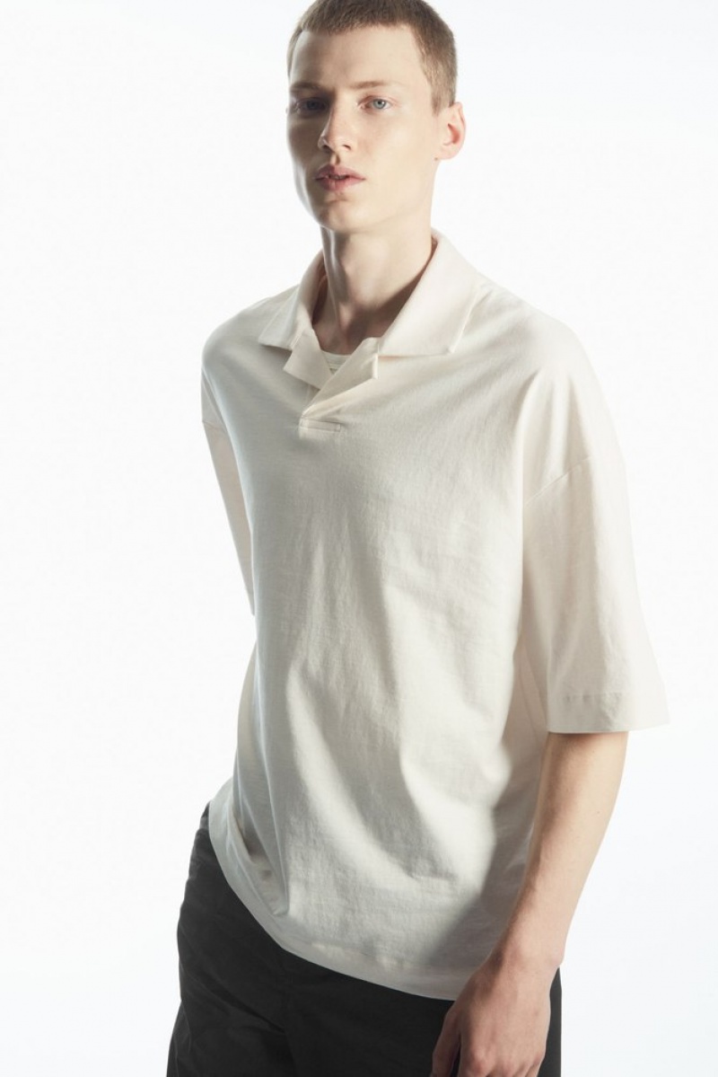 COS Oversized Open-Collar Polo-Shirt Off-White | 873146-HCM