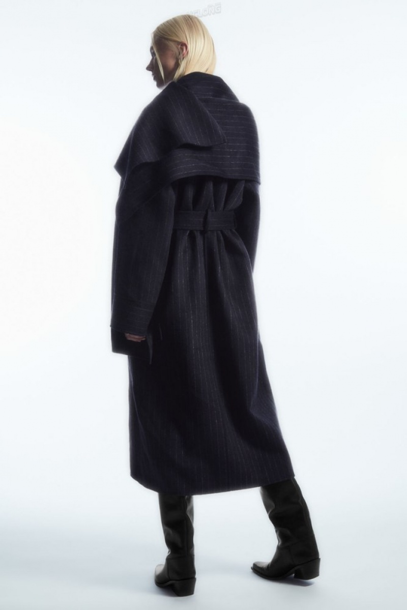 COS Oversized Pinstriped Laine Scarf Coat Bleu Marine | 943061-TDX