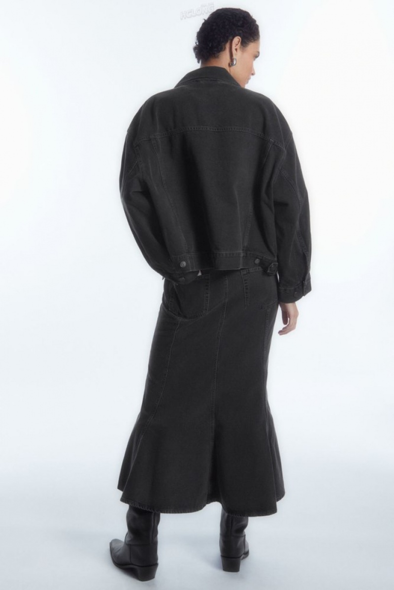 COS Paneled Flared Denim Skirt Noir | 863142-DBK