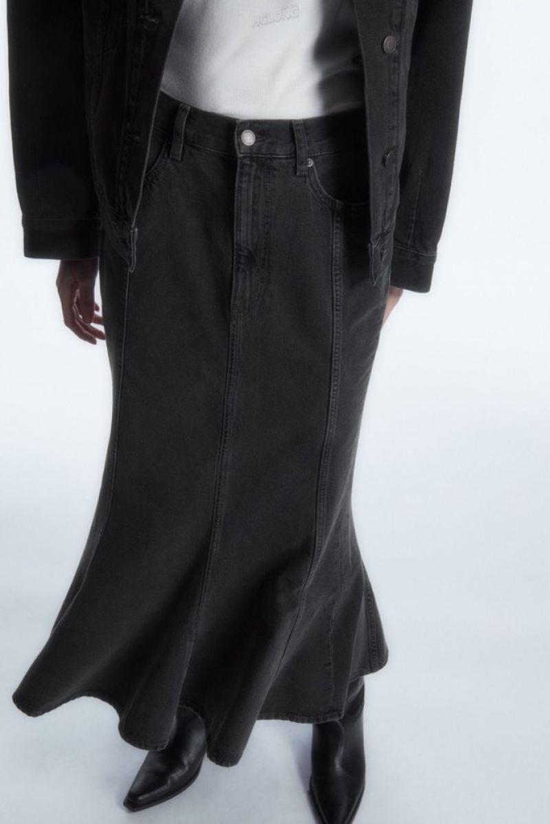 COS Paneled Flared Denim Skirt Noir | 863142-DBK