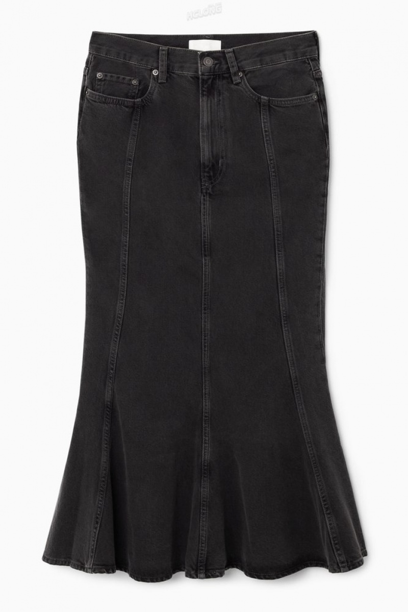 COS Paneled Flared Denim Skirt Noir | 863142-DBK