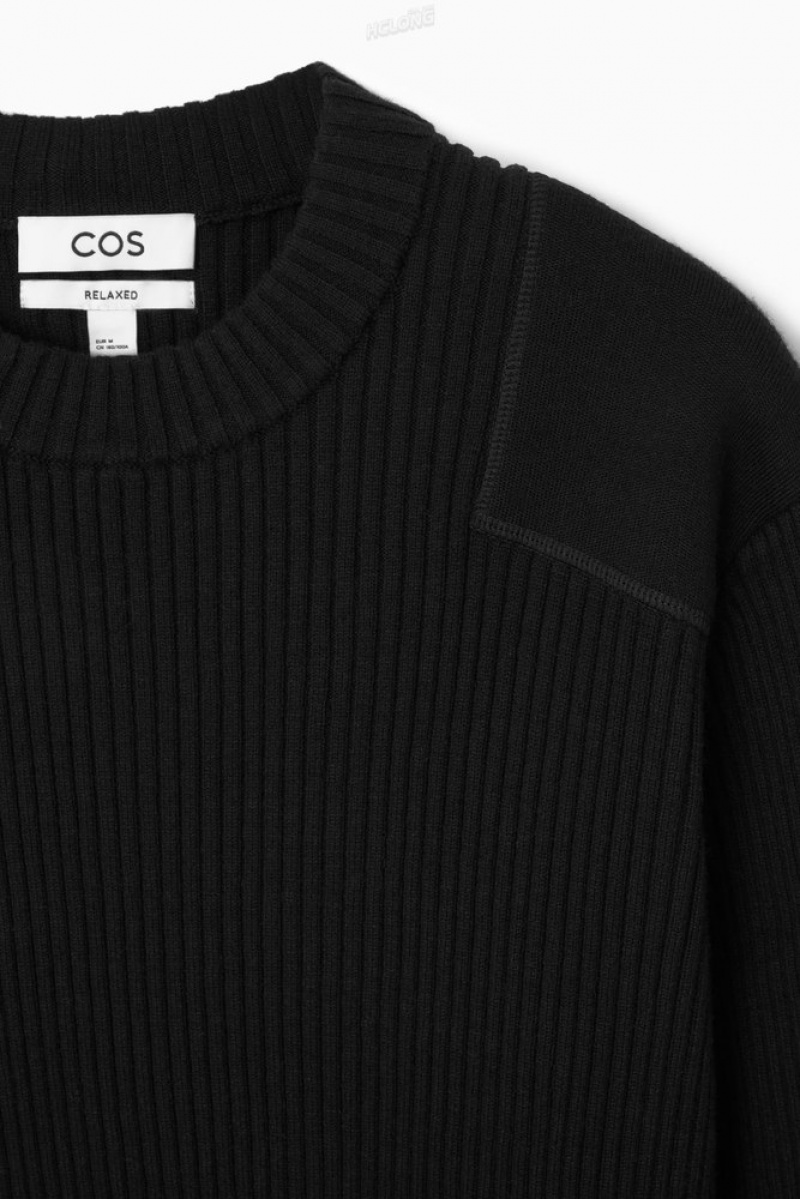 COS Patch-Detail Laine-Blend Pull Noir | 403728-UQX