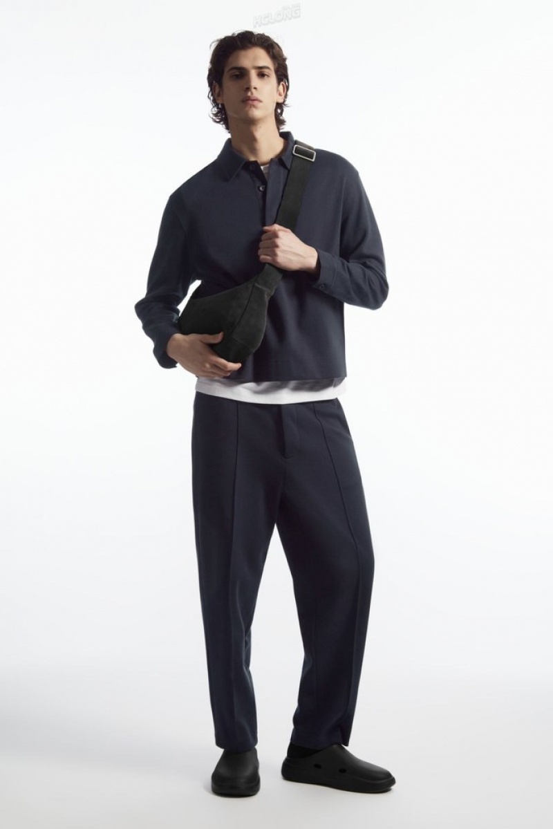 COS Pintucked Pull-On Jersey Trousers Bleu Marine | 092415-EYL