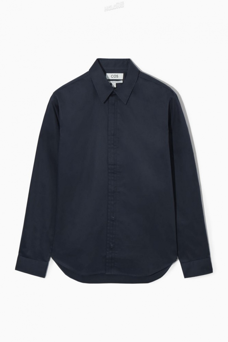 COS Plissé-Placket Robe Shirt - Regular Bleu Marine | 954831-KUF