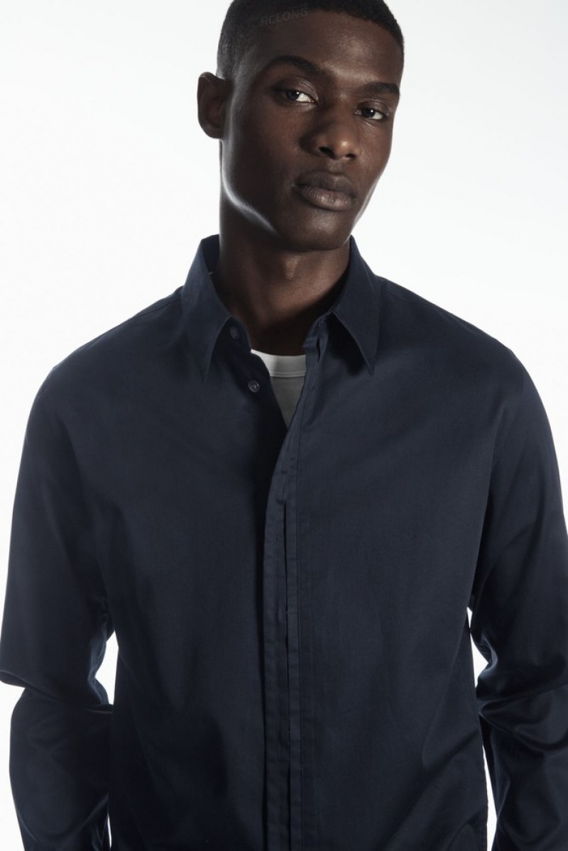 COS Plissé-Placket Robe Shirt - Regular Bleu Marine | 954831-KUF