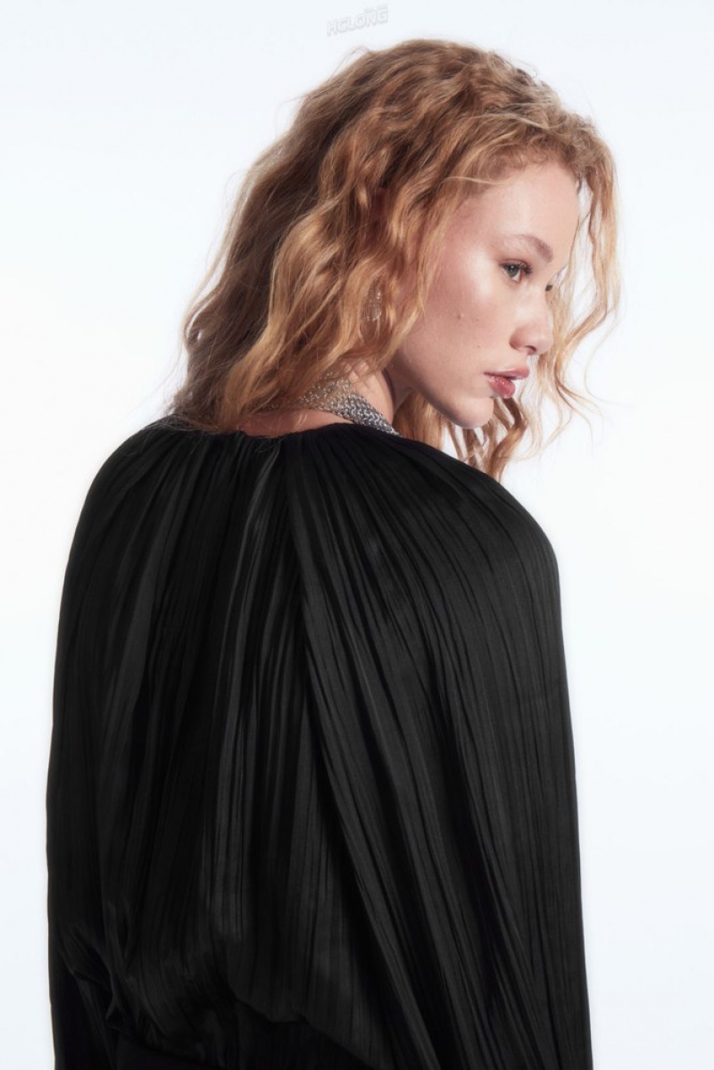 COS Plissé Long-Sleeved Blouse Noir | 478920-YNT