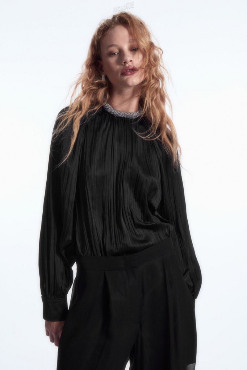 COS Plissé Long-Sleeved Blouse Noir | 478920-YNT