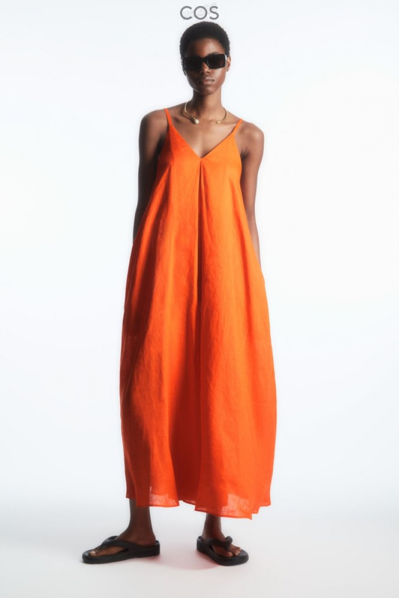 COS Plissé V-Neck Linen Midi Robe Orange | 473652-KVQ