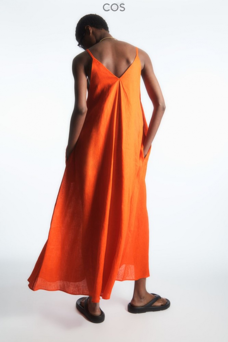 COS Plissé V-Neck Linen Midi Robe Orange | 473652-KVQ